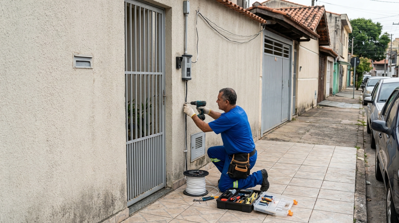 Eletricista instalando interfone em Porto Alegre‑RS